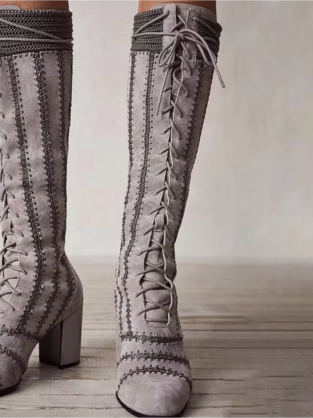 Lace-Up Knee-High Heeled Boots in Light Gray